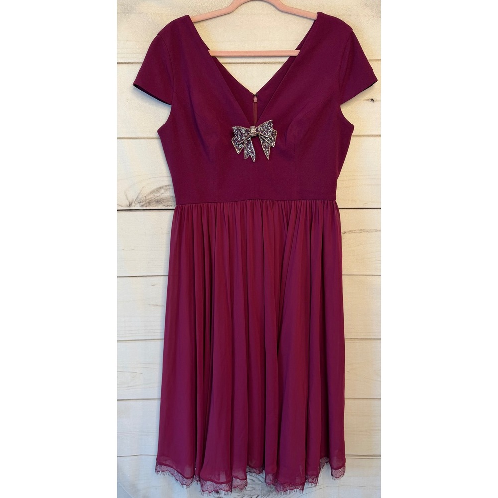 Dress The Population Magenta Chiffon Fit Flare Dress Crystal Bow Lace Trim L